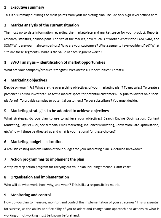 This image outlines the structure of a marketing plan including guiding questions